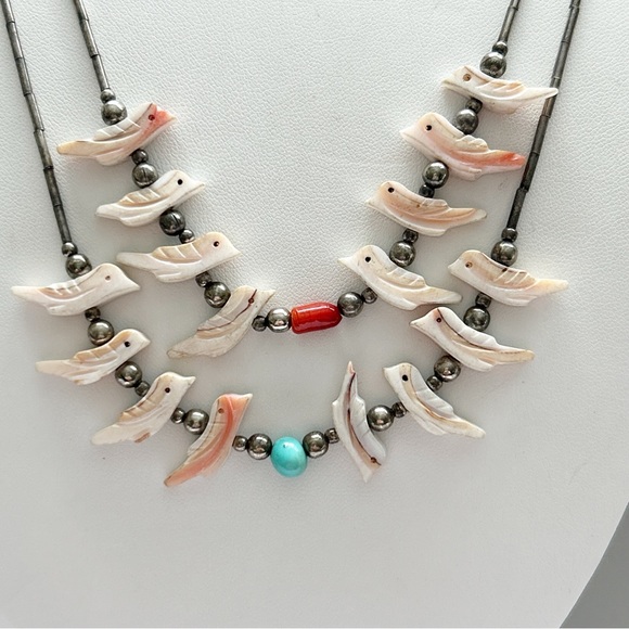 Vintage Southwestern Two Strand Fetish Turquoise Coral Sterling Silver Necklace - Picture 10 of 13